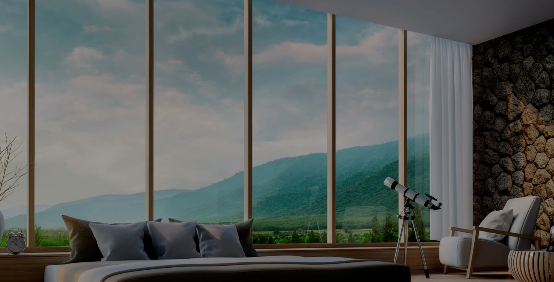 Haupt-Slider Hero-Bild mit Bergblick durch Fenster